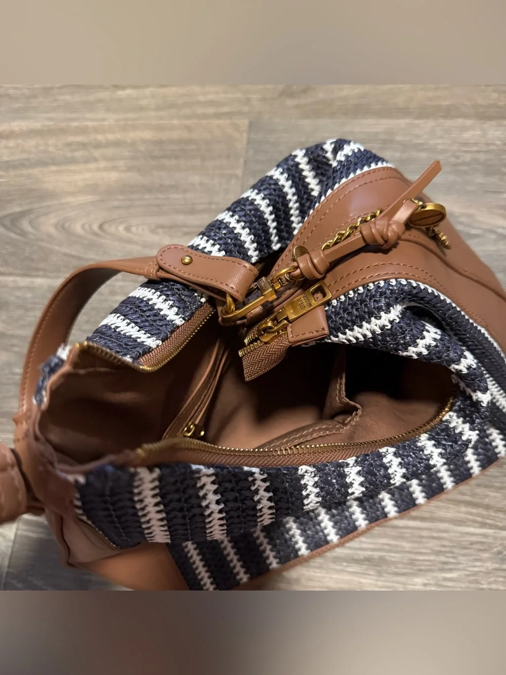 steve madden faux leather coastal stripe woven slouchy hobo shoulder bag